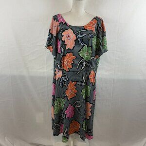 Eloquii Dress 20 Black Blue Pink Purple Stripe Floral Tie Neck Detail Drape
